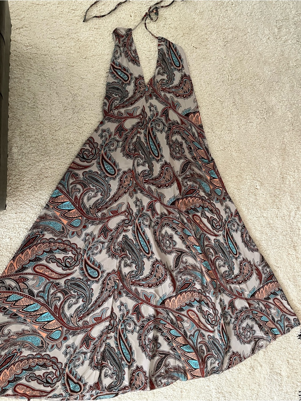 NWT Sleeveless Halter Paisley Maxi Slip Dress in Taupe with Teal and Rust Sz XL